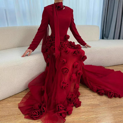 Luxury Wine Red Long Sleeve 3D Flower Slit Mermaid Evening Dress LA72568B
