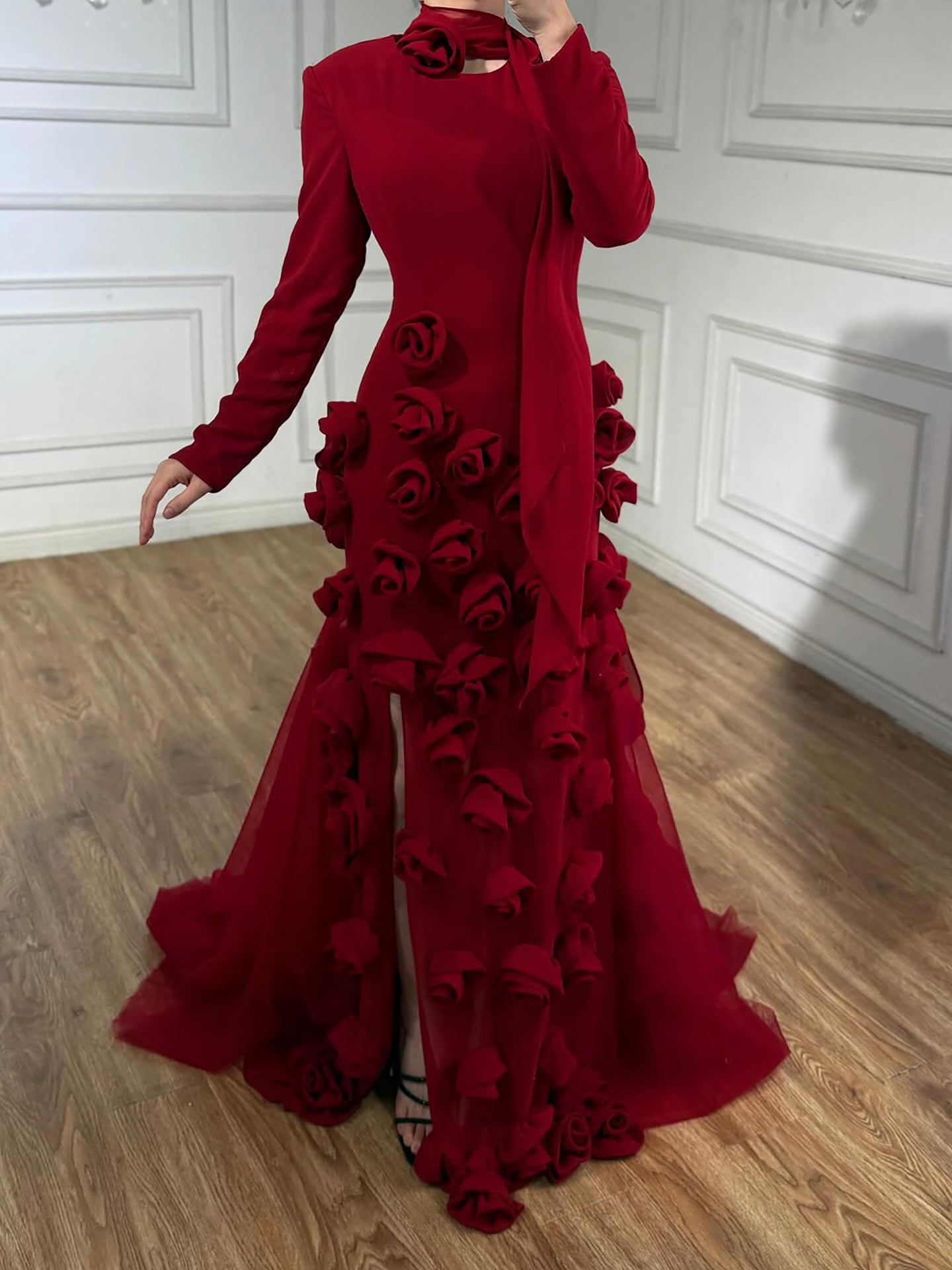 Luxury Wine Red Long Sleeve 3D Flower Slit Mermaid Evening Dress LA72568B