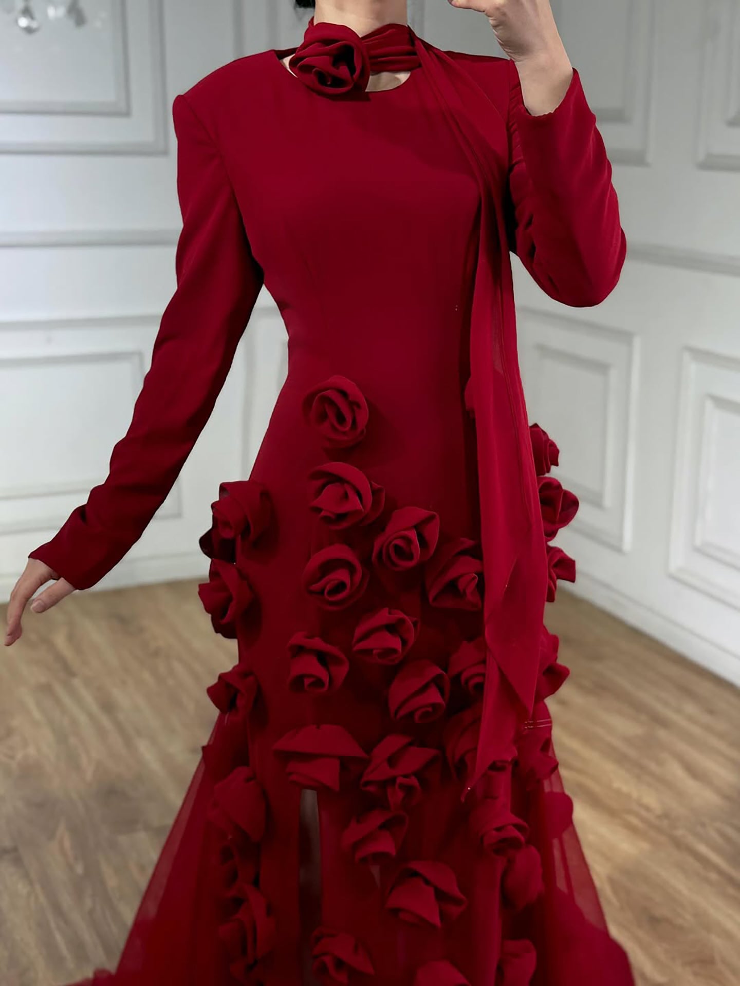 Luxury Wine Red Long Sleeve 3D Flower Slit Mermaid Evening Dress LA72568B