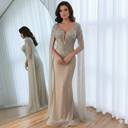Luxury Dubai Silver Nude Cape Sleeves Beaded Evening Dress LA72575 - SERENE HILL