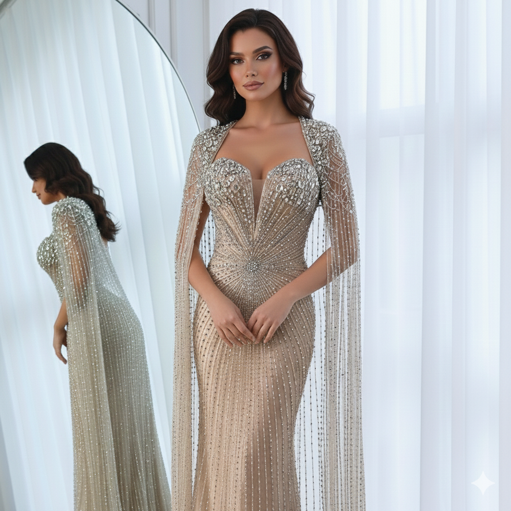 Luxury Dubai Silver Nude Cape Sleeves Beaded Evening Dress LA72575 - SERENE HILL