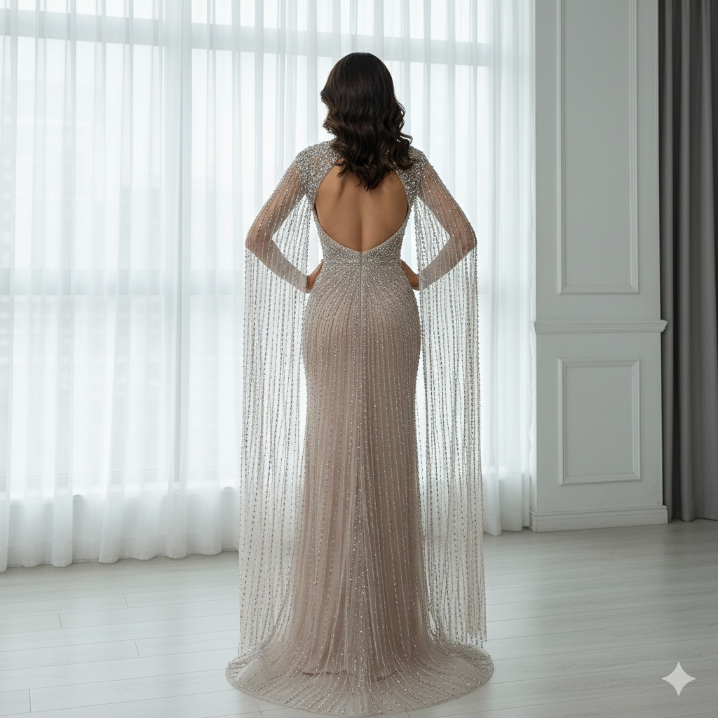 Luxury Dubai Silver Nude Cape Sleeves Beaded Evening Dress LA72575 - SERENE HILL