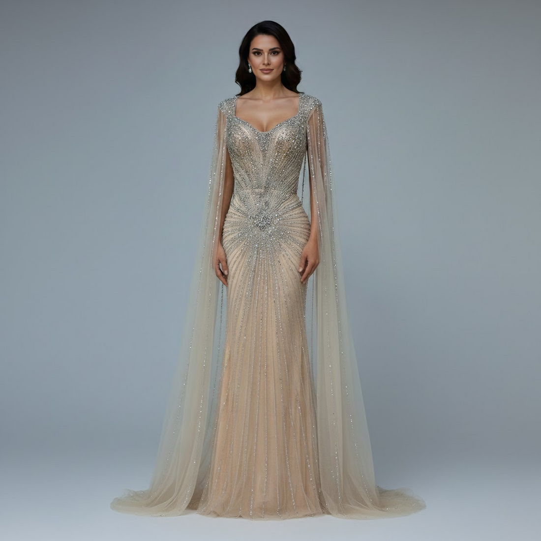 Dubai Luxury Nude Cape Sleeves Beaded Evening Dress LA72575A - SERENE HILL