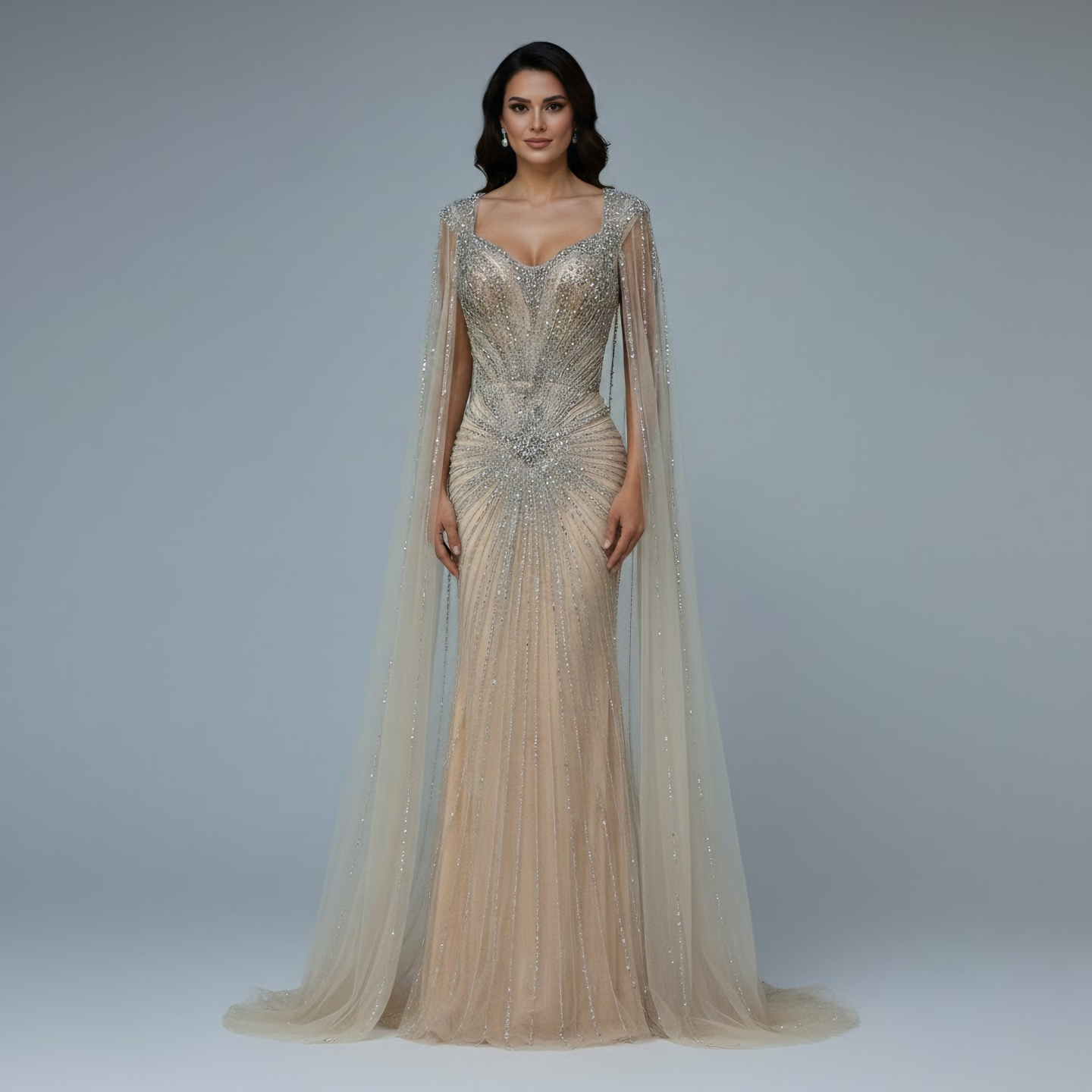Dubai Luxury Nude Cape Sleeves Beaded Evening Dress LA72575A - SERENE HILL