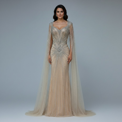 Dubai Luxury Nude Cape Sleeves Beaded Evening Dress LA72575A - SERENE HILL