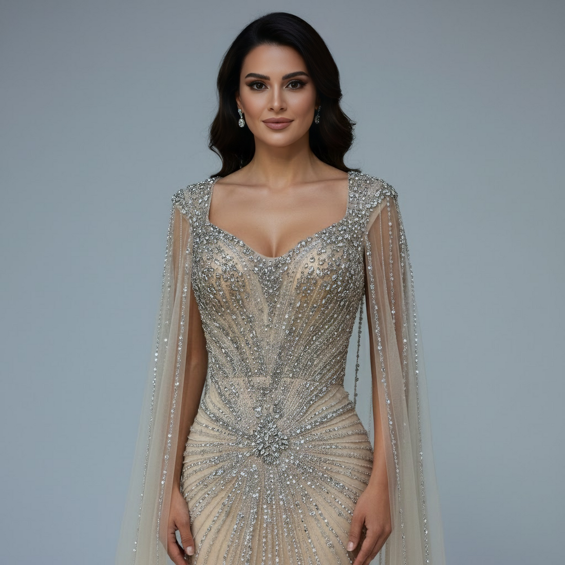 Dubai Luxury Nude Cape Sleeves Beaded Evening Dress LA72575A - SERENE HILL