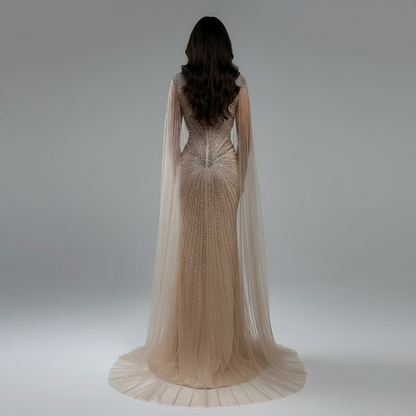 Dubai Luxury Nude Cape Sleeves Beaded Evening Dress LA72575A - SERENE HILL