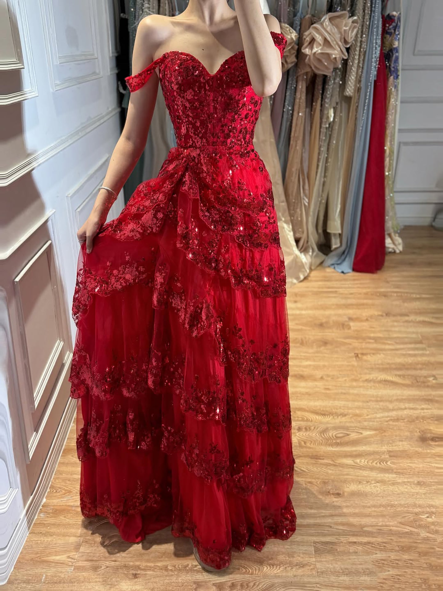 SERENE HILL A-Line/Princess Tulle Lace er Court Train Prom  Dress With Ruffles Sequins LA72586 SERENE HILL
