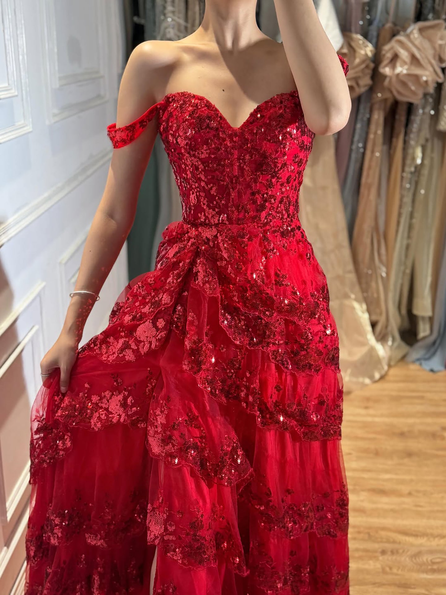 SERENE HILL A-Line/Princess Tulle Lace er Court Train Prom  Dress With Ruffles Sequins LA72586 SERENE HILL