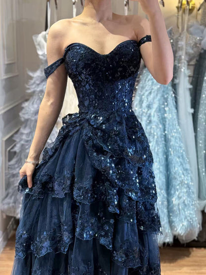 SERENE HILL A-Line/Princess Tulle Lace er Court Train Prom  Dress With Ruffles Sequins LA72586 SERENE HILL