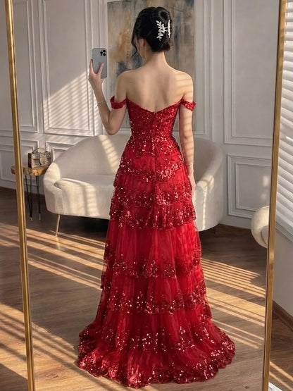 SERENE HILL A-Line/Princess Tulle Lace er Court Train Prom  Dress With Ruffles Sequins LA72586 SERENE HILL