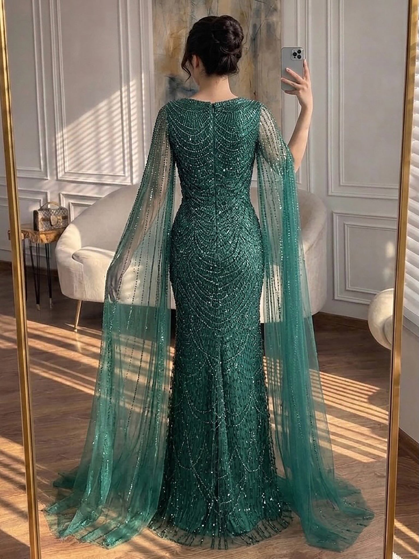 Luxury Arabic Mermaid Evening Dress with Cape Sleeves Plus Size LA72590A