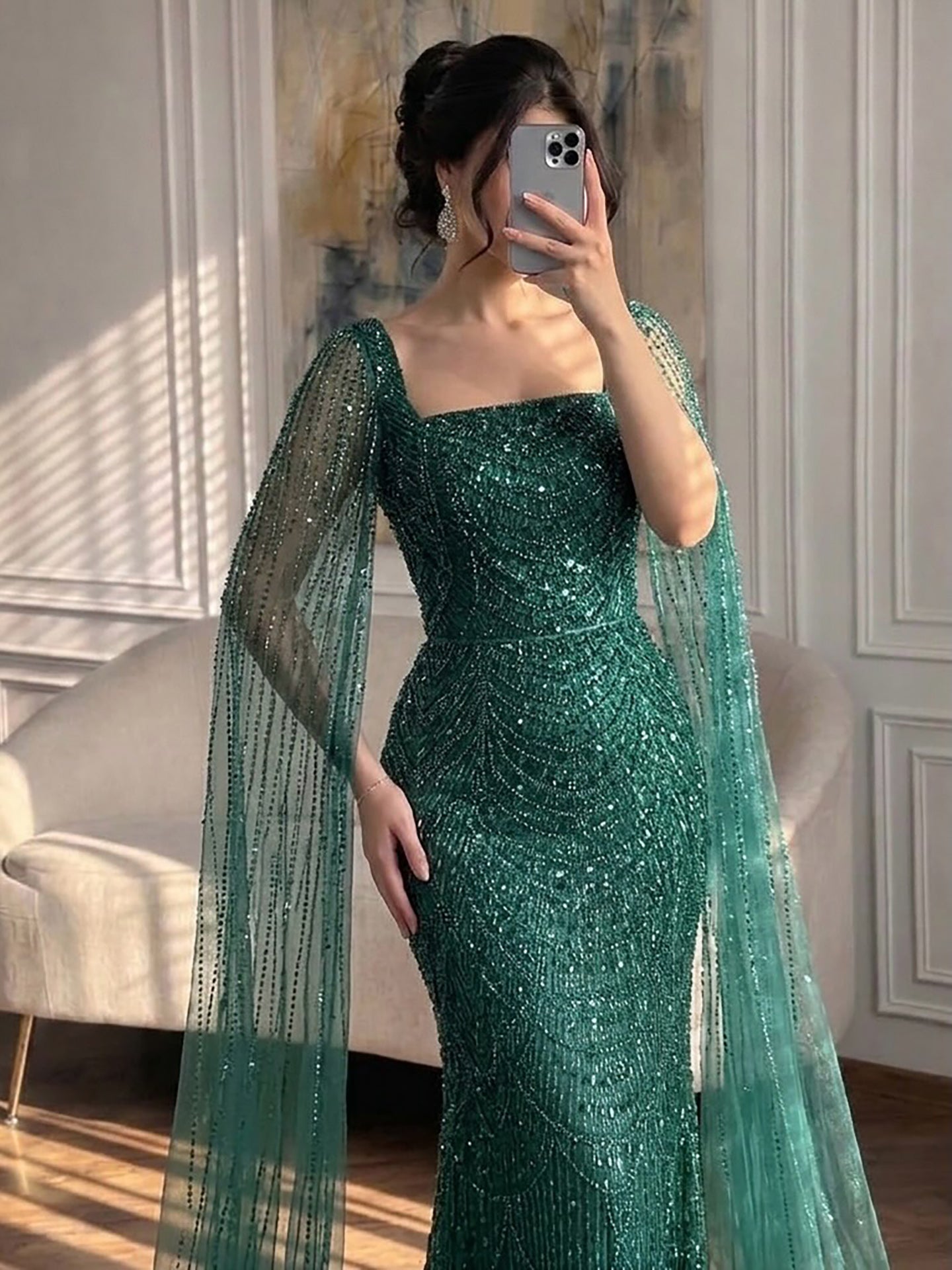Luxury Arabic Mermaid Evening Dress with Cape Sleeves Plus Size LA72590A