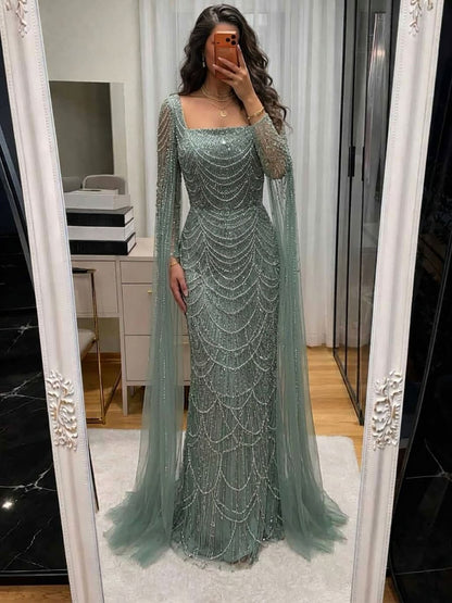 Luxury Dubai Nude Modest Muslin A-Line Evening Dress Plus Size LA72590B
