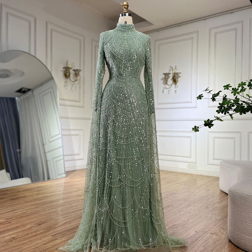 Luxury Dubai Muslim Sage Green Pearls Evening Dress With Cape Plus Size LA72591