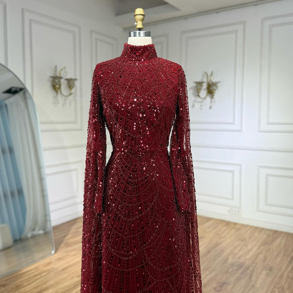 Luxury Dubai  Muslim Sage Green Pearls  Evening  Dress With Cape Plus Size LA72591