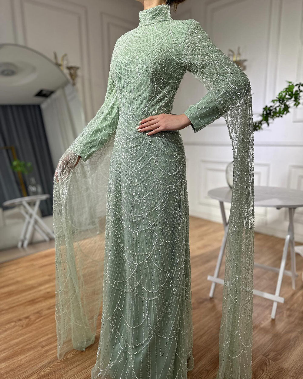 Luxury Dubai  Muslim Sage Green Pearls  Evening  Dress With Cape Plus Size LA72591