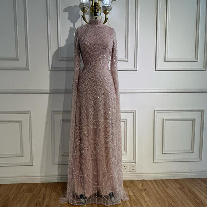 Luxury Dubai  Muslim Sage Green Pearls  Evening  Dress With Cape Plus Size LA72591