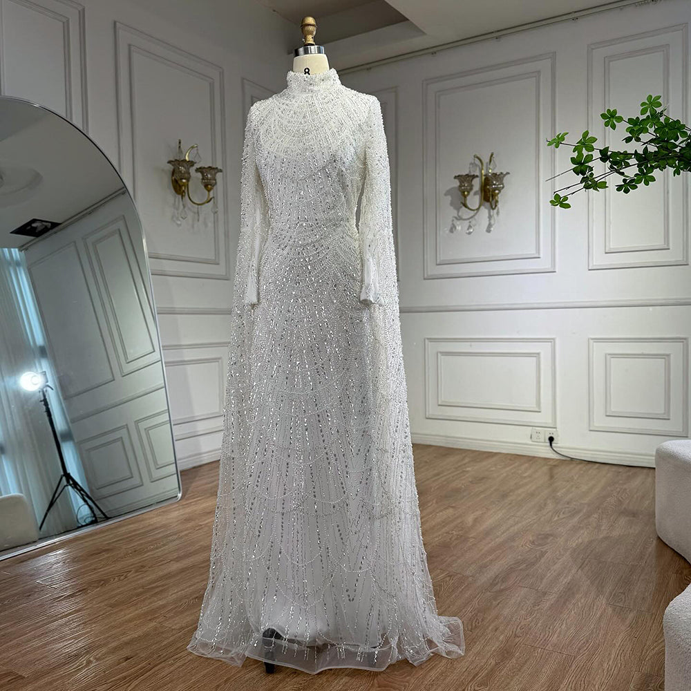 Luxury Dubai Muslim Sage Green Pearls Evening Dress With Cape Plus Size  LA72591 – SERENE HILL