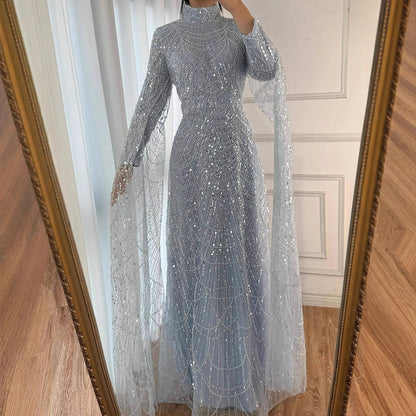 Luxury Dubai  Muslim Sage Green Pearls  Evening  Dress With Cape Plus Size LA72591