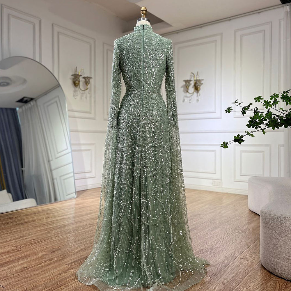Luxury Dubai  Muslim Sage Green Pearls  Evening  Dress With Cape Plus Size LA72591