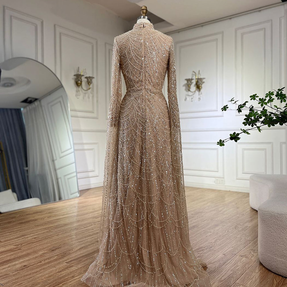 Luxury Dubai  Muslim Sage Green Pearls  Evening  Dress With Cape Plus Size LA72591