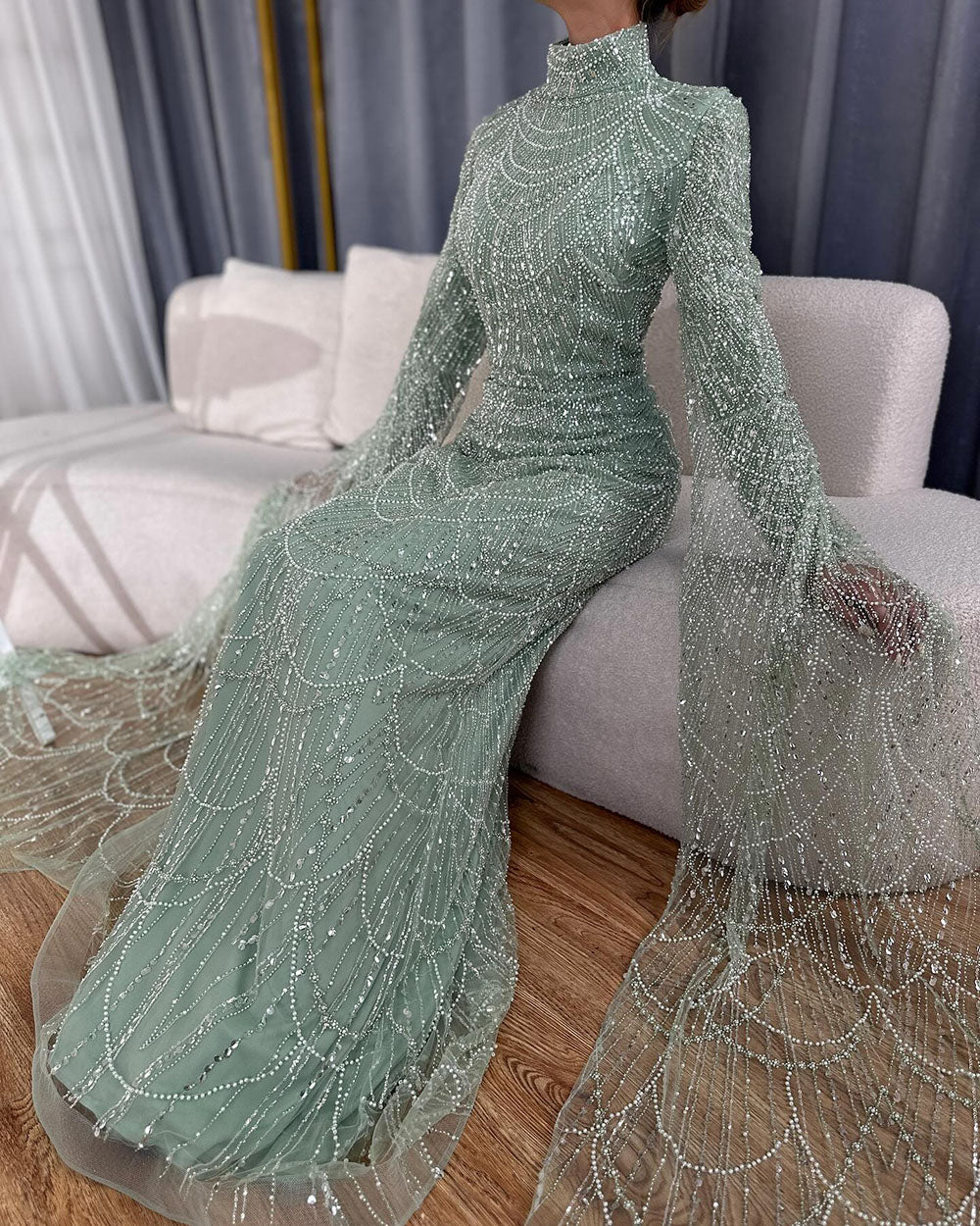 Luxury Dubai  Muslim Sage Green Pearls  Evening  Dress With Cape Plus Size LA72591