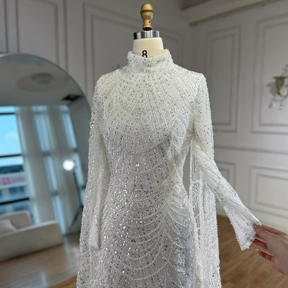 Luxury Dubai  Muslim Sage Green Pearls  Evening  Dress With Cape Plus Size LA72591
