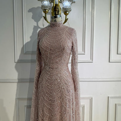 Luxury Dubai  Muslim Sage Green Pearls  Evening  Dress With Cape Plus Size LA72591