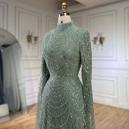 Luxury Dubai  Muslim Sage Green Pearls  Evening  Dress With Cape Plus Size LA72591