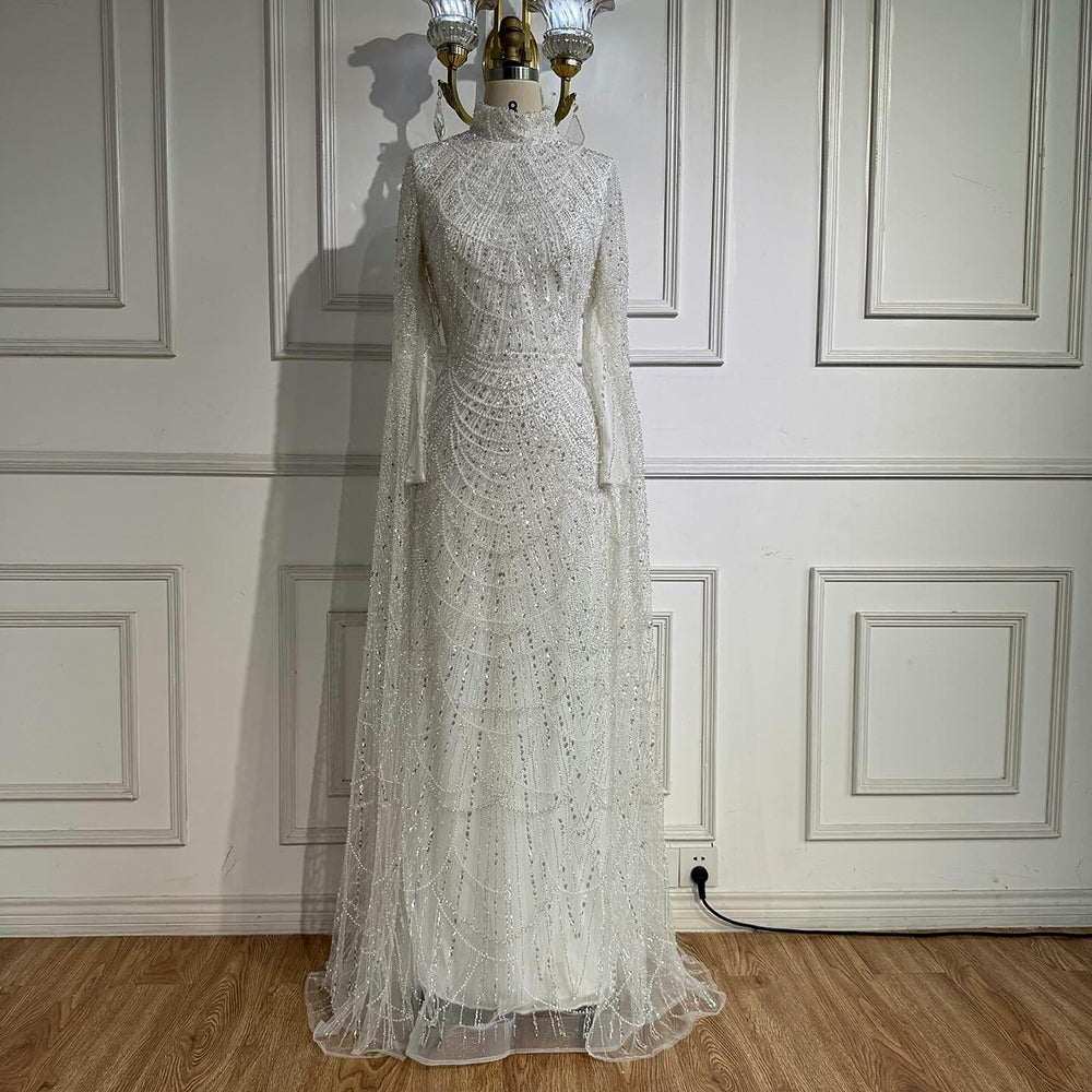 Luxury Dubai  Muslim Sage Green Pearls  Evening  Dress With Cape Plus Size LA72591