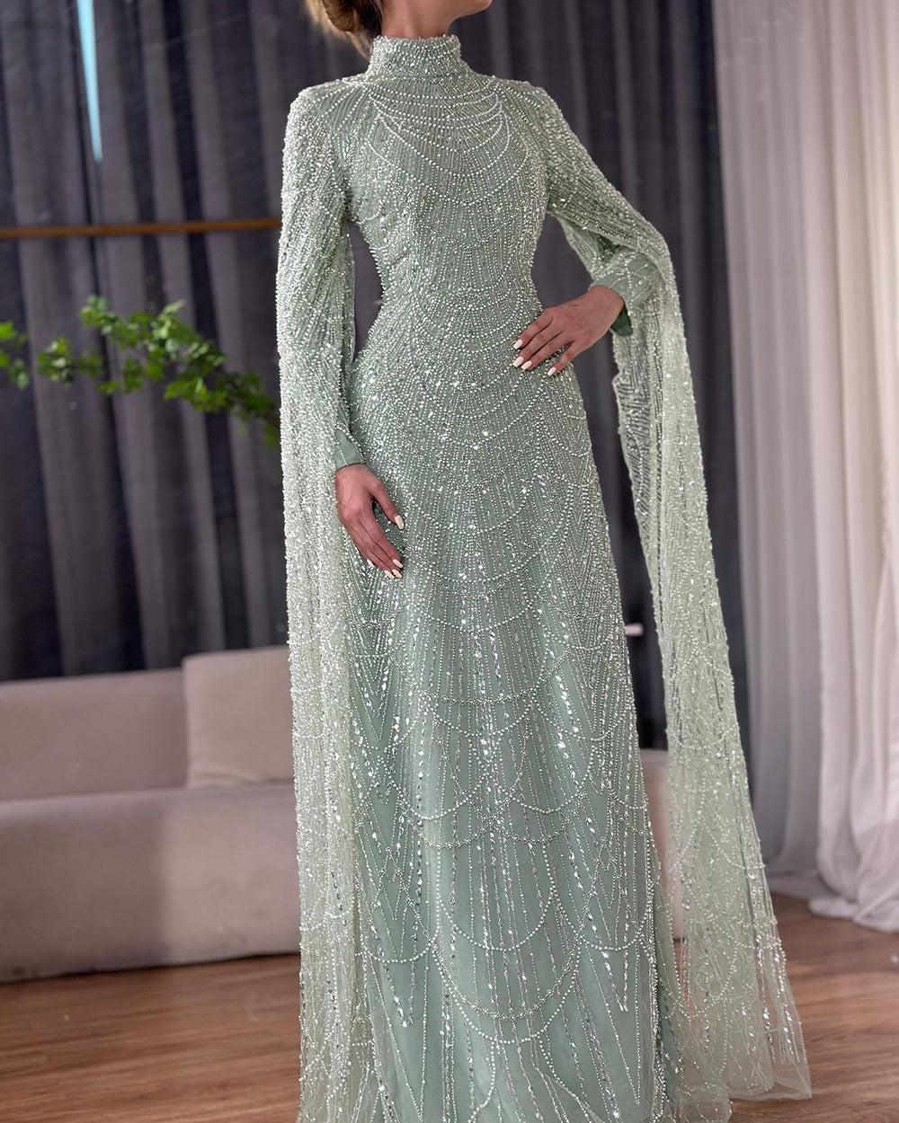Luxury Dubai  Muslim Sage Green Pearls  Evening  Dress With Cape Plus Size LA72591