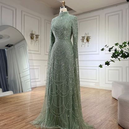 Luxury Dubai  Muslim Sage Green Pearls  Evening  Dress With Cape Plus Size LA72591
