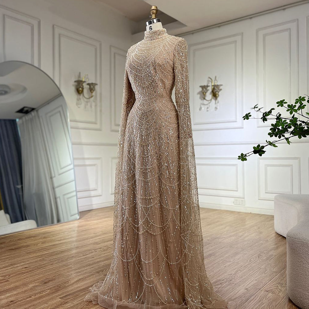 Luxury Dubai  Muslim Sage Green Pearls  Evening  Dress With Cape Plus Size LA72591