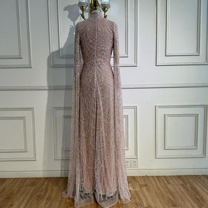Luxury Dubai  Muslim Sage Green Pearls  Evening  Dress With Cape Plus Size LA72591