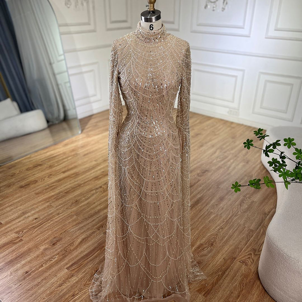 Luxury Dubai  Muslim Sage Green Pearls  Evening  Dress With Cape Plus Size LA72591
