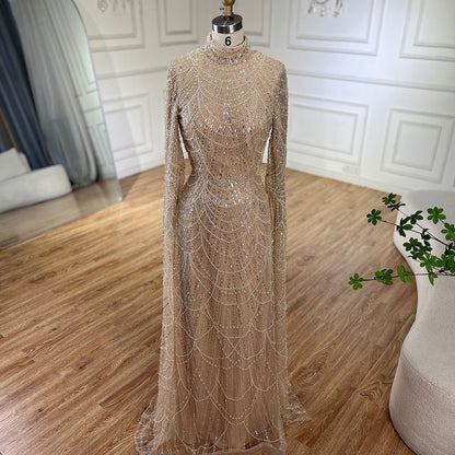 Luxury Dubai  Muslim Sage Green Pearls  Evening  Dress With Cape Plus Size LA72591