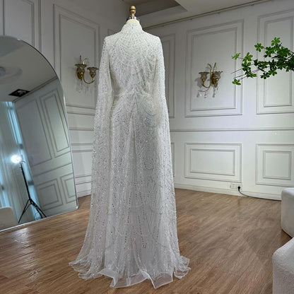 Luxury Dubai  Muslim Sage Green Pearls  Evening  Dress With Cape Plus Size LA72591