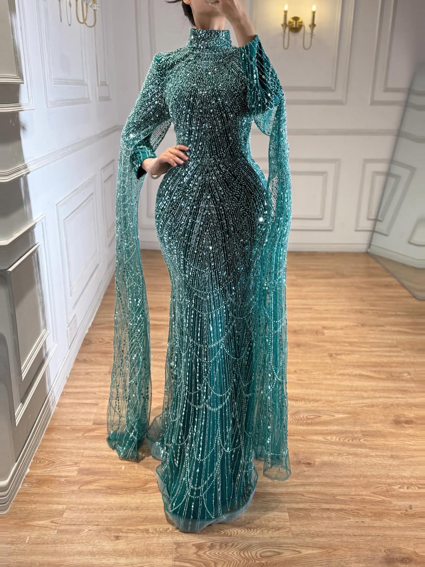 Luxury Dubai  Muslim Sage Green Pearls  Evening  Dress With Cape Plus Size LA72591