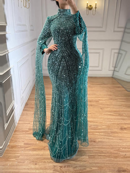 Luxury Dubai  Muslim Sage Green Pearls  Evening  Dress With Cape Plus Size LA72591