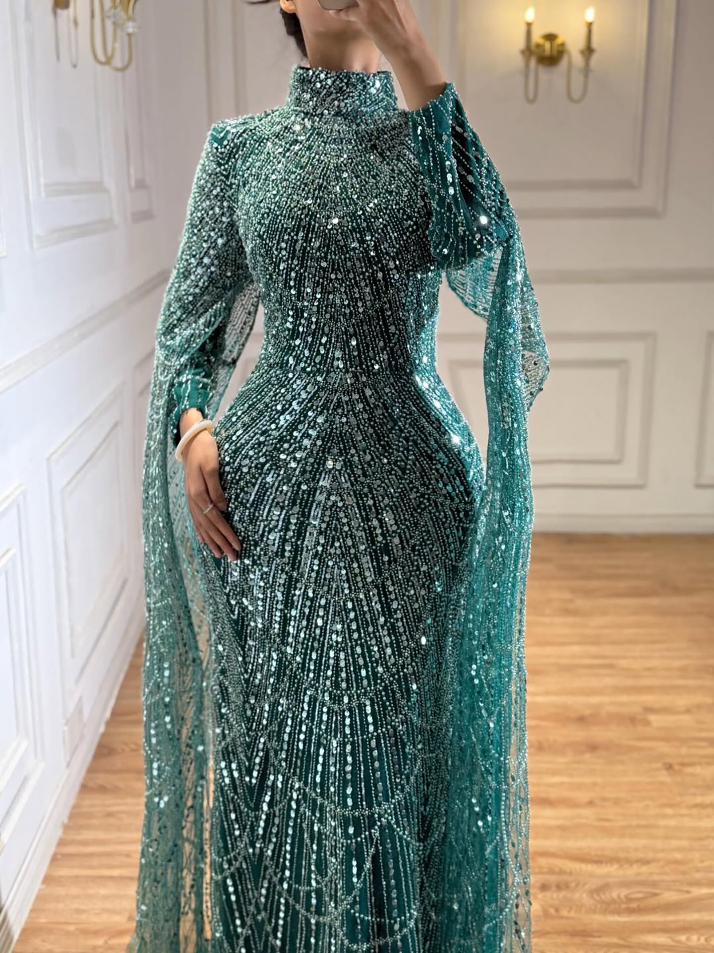 Luxury Dubai  Muslim Sage Green Pearls  Evening  Dress With Cape Plus Size LA72591