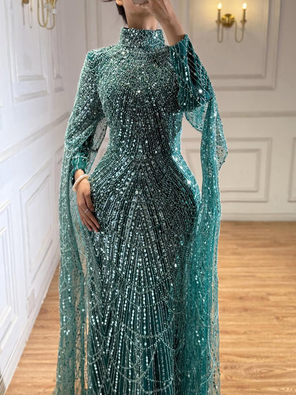 Luxury Dubai  Muslim Sage Green Pearls  Evening  Dress With Cape Plus Size LA72591