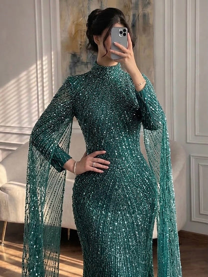 Luxury Dubai  Muslim Sage Green Pearls  Evening  Dress With Cape Plus Size LA72591
