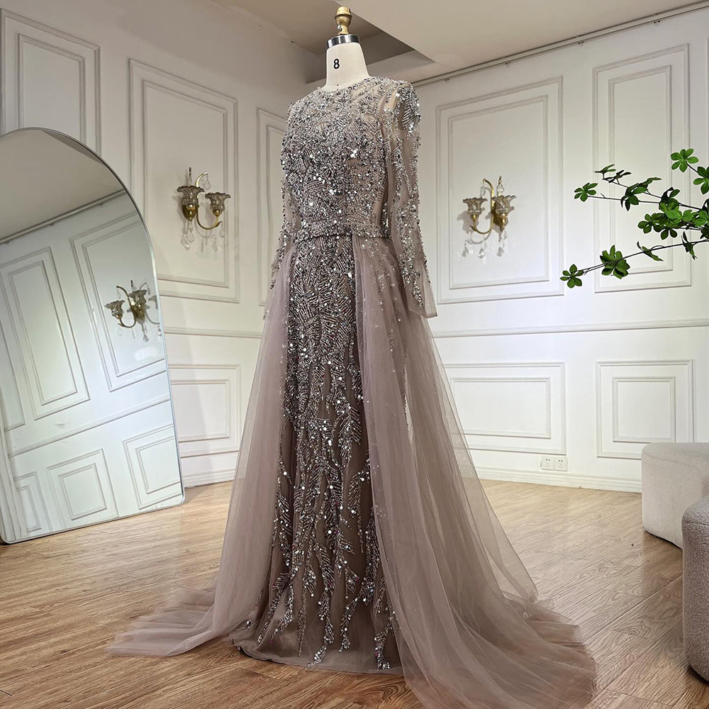 Luxury Dubai Turquoise Beaded Evening Dress with Tulle LA72601