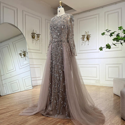 Luxury Dubai Turquoise Beaded Evening Dress with Tulle LA72601
