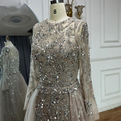 Luxury Dubai Turquoise Beaded Evening Dress with Tulle LA72601