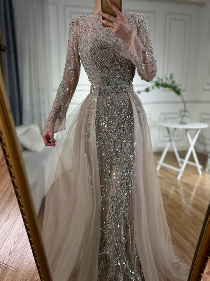 Luxury Dubai Turquoise Beaded Evening Dress with Tulle LA72601