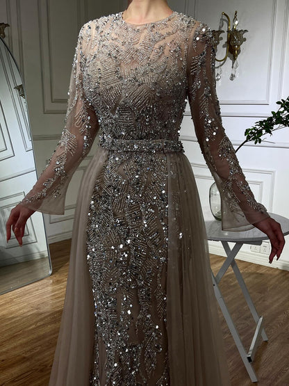 Luxury Dubai Turquoise Beaded Evening Dress with Tulle LA72601