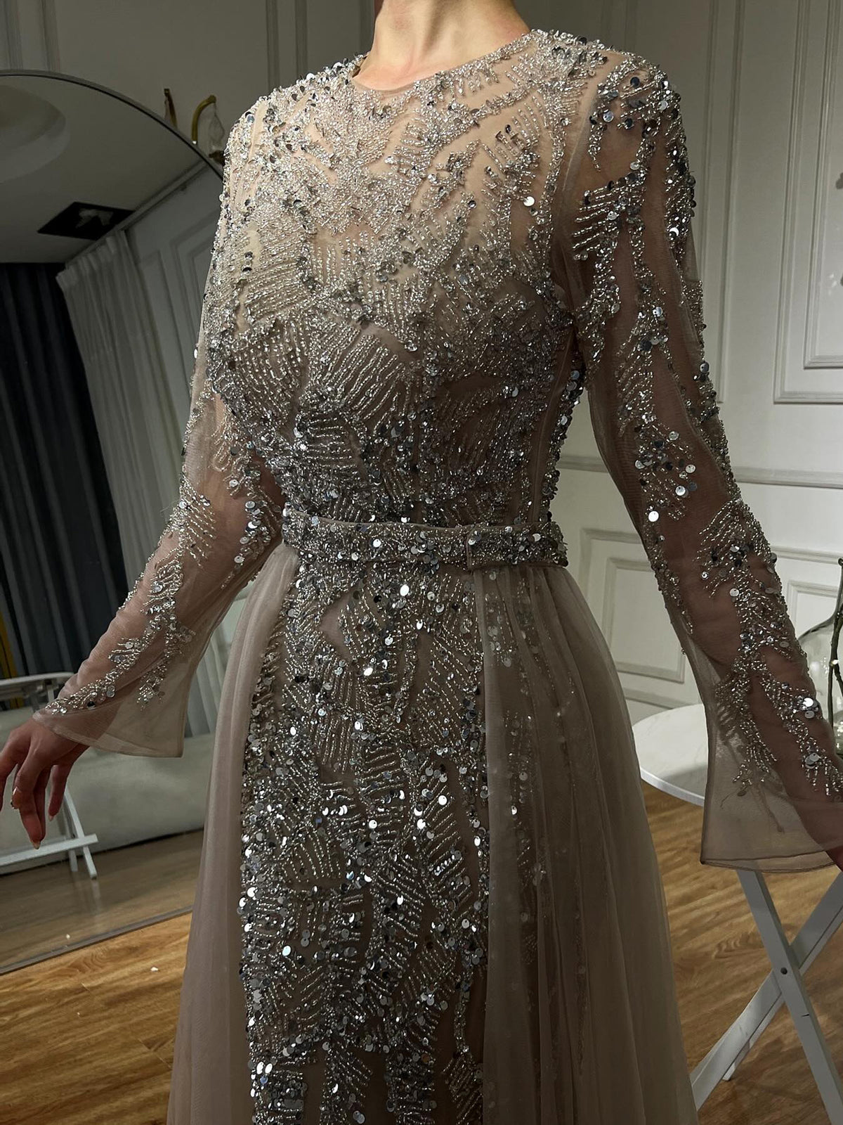 Luxury Dubai Turquoise Beaded Evening Dress with Tulle LA72601