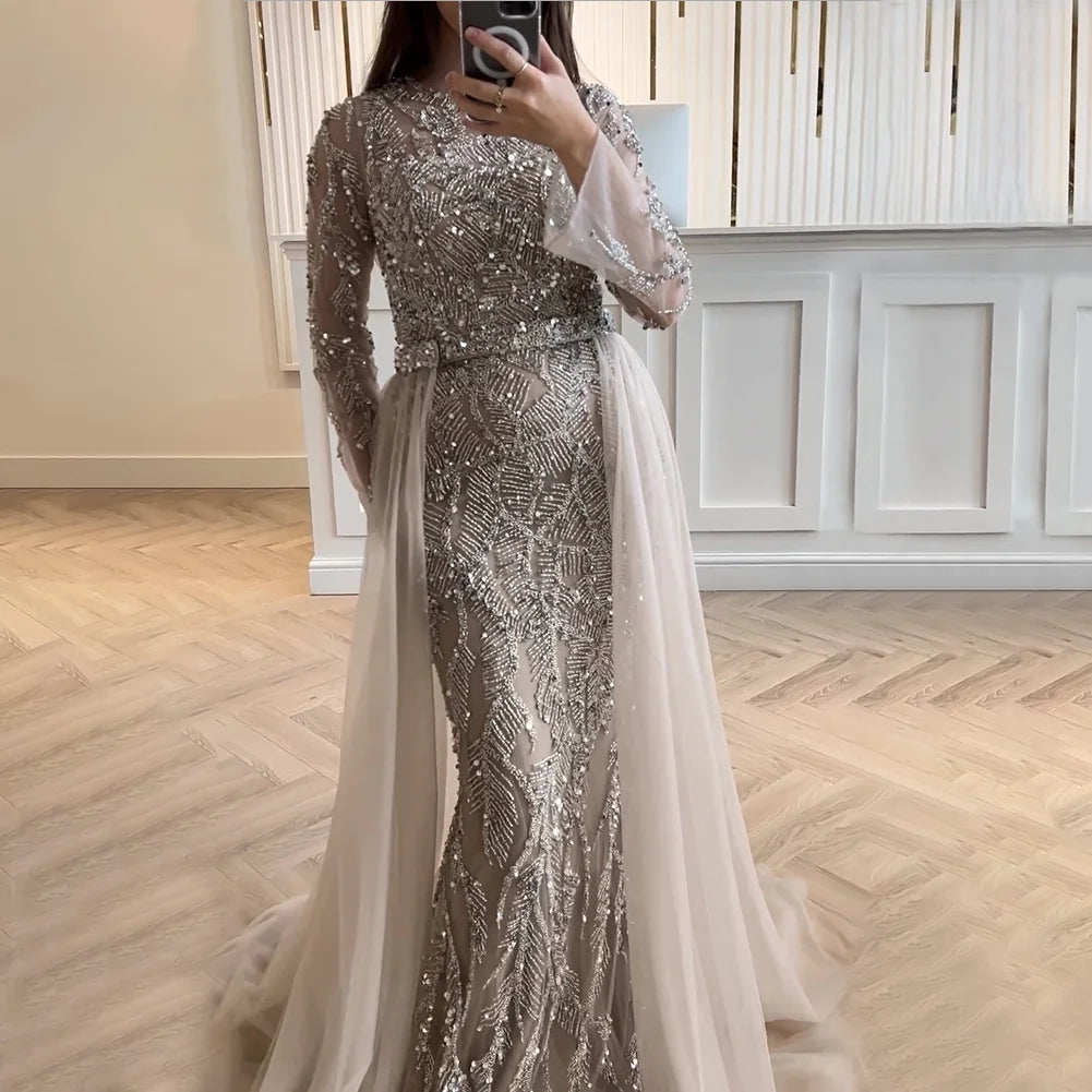 Luxury Dubai Turquoise Beaded Evening Dress with Tulle LA72601 - SERENE HILL